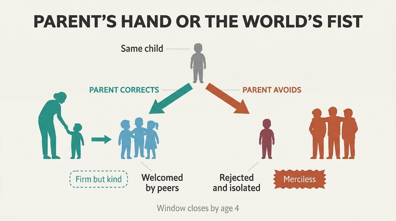 Fork diagram showing a child diverging into two paths: gentle parental discipline leading to social integration, versus avoidance leading to harsh rejection by the world.