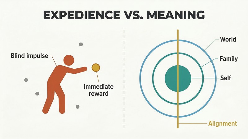 Split panel contrasting expedience as a single shallow impulse on the left with meaning as three aligned concentric layers of self, family, and world on the right.