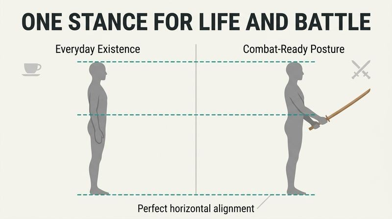 Split panel diagram demonstrating identical upright posture and calm spirit in both everyday life and active combat, unified by horizontal alignment lines.