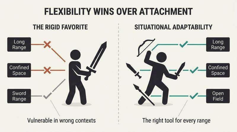 Split panel diagram comparing a warrior locked into one favorite weapon failing in different combat ranges versus an adaptive warrior matching the right tool to each situation.
