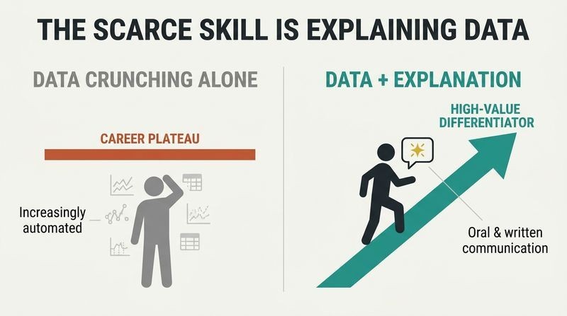 A side-by-side split panel comparing a flat career plateau for raw data analysis alone with an ascending high-value career path when data analysis is combined with storytelling.