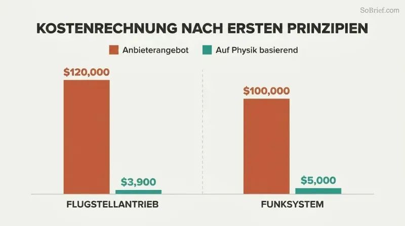 Two paired bar comparisons where towering vendor-quoted prices dwarf tiny physics-based build costs for rocket components.