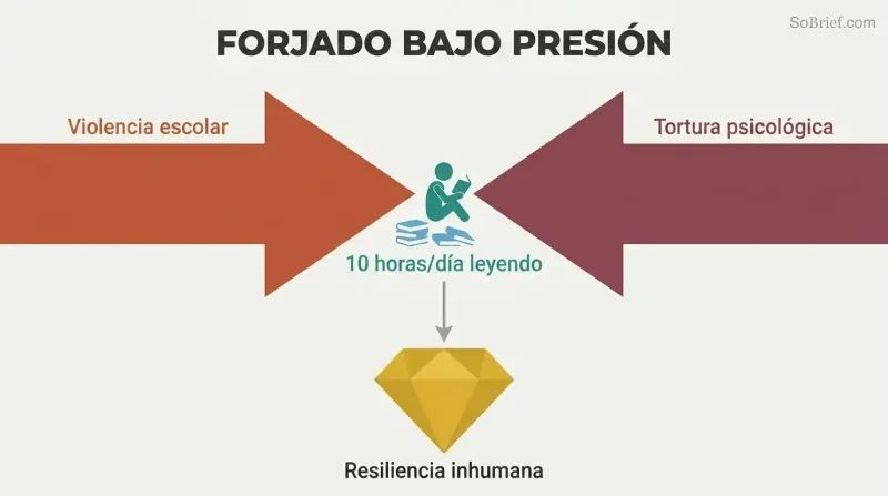 Two massive opposing arrows labeled school violence and psychological torture press inward toward a tiny reading figure, which produces a gold diamond of resilience below.