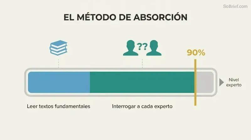 Segmented horizontal progress bar showing foundational reading as a smaller first phase and expert interrogation as a larger second phase, together reaching a gold ninety-percent mastery marker.