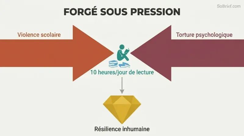Two massive opposing arrows labeled school violence and psychological torture press inward toward a tiny reading figure, which produces a gold diamond of resilience below.