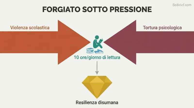 Two massive opposing arrows labeled school violence and psychological torture press inward toward a tiny reading figure, which produces a gold diamond of resilience below.