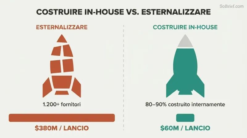 Split panel comparing a fragmented outsourced rocket made of scattered parts to a solid in-house-built rocket, with proportional cost bars showing $60M versus $380M per launch.