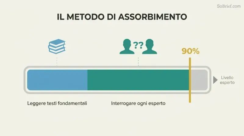 Segmented horizontal progress bar showing foundational reading as a smaller first phase and expert interrogation as a larger second phase, together reaching a gold ninety-percent mastery marker.