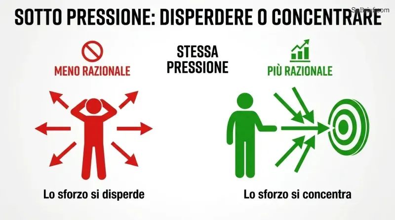 Split panel showing same crisis pressure producing scattered arrows from a panicked figure on the left versus converging arrows hitting a target from a focused figure on the right.