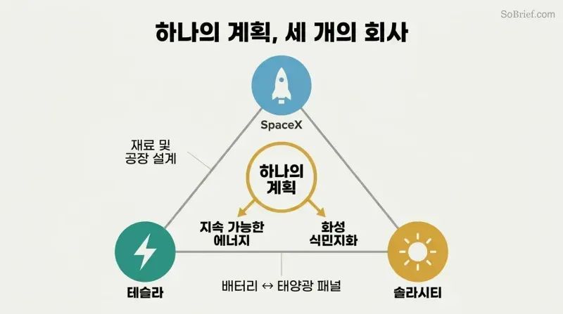 Triangle connecting SpaceX, Tesla, and SolarCity through shared resources, unified by a central mission hub leading to sustainable energy and Mars colonization.