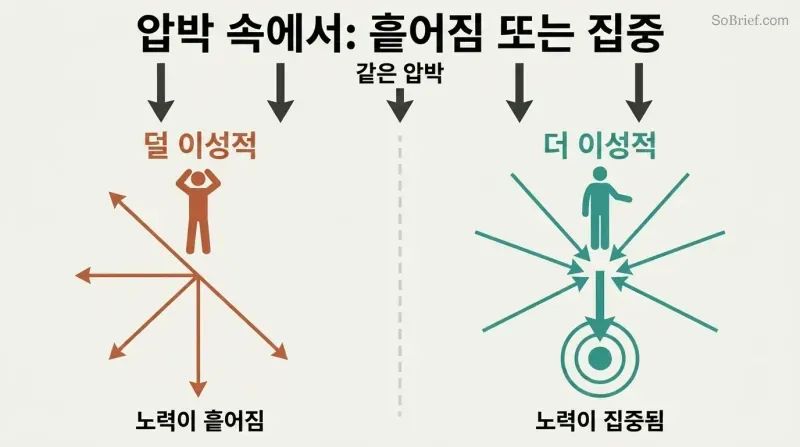 Split panel showing same crisis pressure producing scattered arrows from a panicked figure on the left versus converging arrows hitting a target from a focused figure on the right.