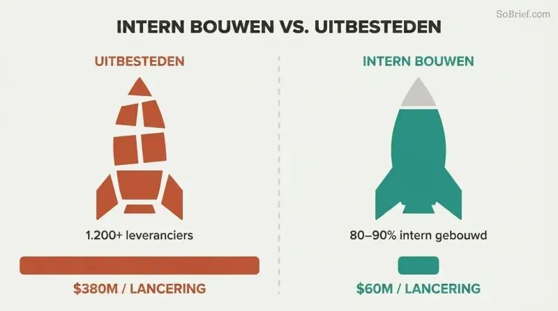 Split panel comparing a fragmented outsourced rocket made of scattered parts to a solid in-house-built rocket, with proportional cost bars showing $60M versus $380M per launch.