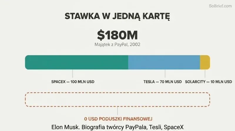 Proportional stacked bar showing Musk's entire $180M fortune allocated across SpaceX, Tesla, and SolarCity, with a contrasting empty dashed bar for zero remaining.