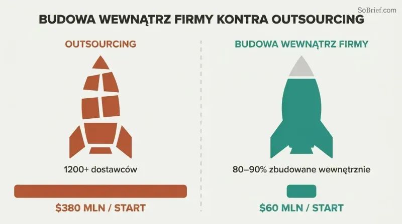 Split panel comparing a fragmented outsourced rocket made of scattered parts to a solid in-house-built rocket, with proportional cost bars showing $60M versus $380M per launch.