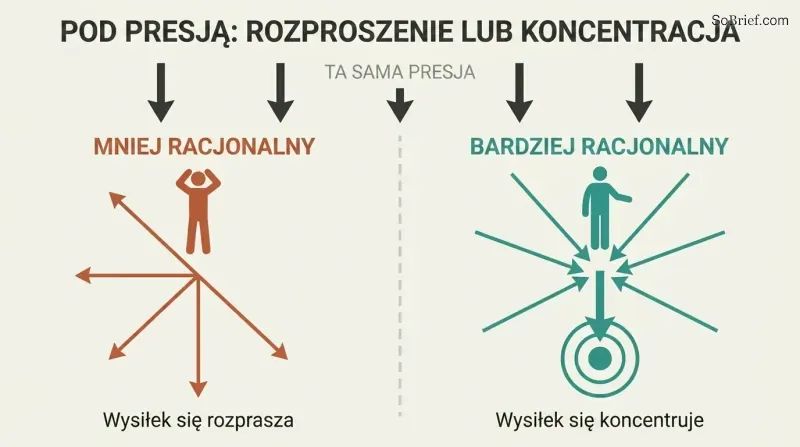 Split panel showing same crisis pressure producing scattered arrows from a panicked figure on the left versus converging arrows hitting a target from a focused figure on the right.