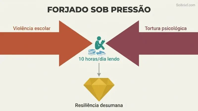 Two massive opposing arrows labeled school violence and psychological torture press inward toward a tiny reading figure, which produces a gold diamond of resilience below.