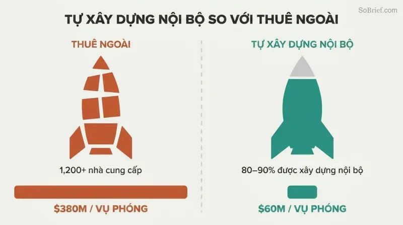Split panel comparing a fragmented outsourced rocket made of scattered parts to a solid in-house-built rocket, with proportional cost bars showing $60M versus $380M per launch.