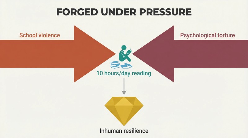 Two massive opposing arrows labeled school violence and psychological torture press inward toward a tiny reading figure, which produces a gold diamond of resilience below.