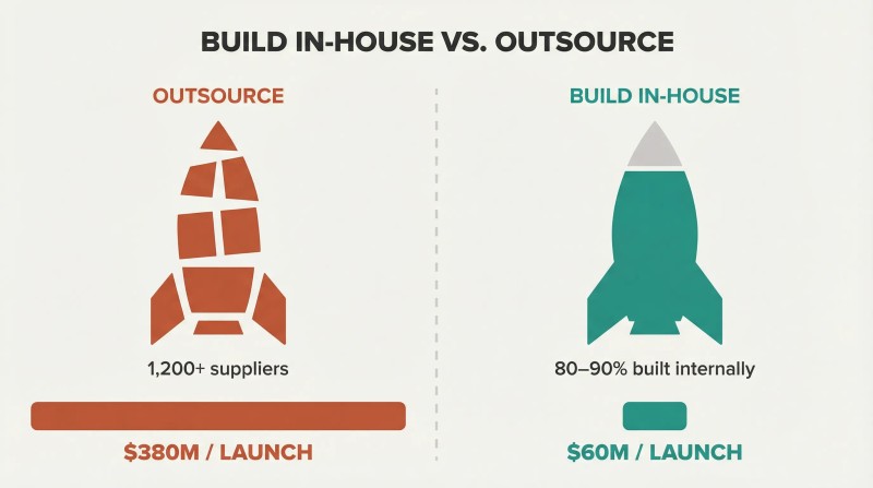 Split panel comparing a fragmented outsourced rocket made of scattered parts to a solid in-house-built rocket, with proportional cost bars showing $60M versus $380M per launch.