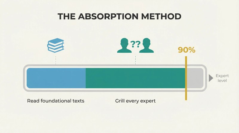 Segmented horizontal progress bar showing foundational reading as a smaller first phase and expert interrogation as a larger second phase, together reaching a gold ninety-percent mastery marker.