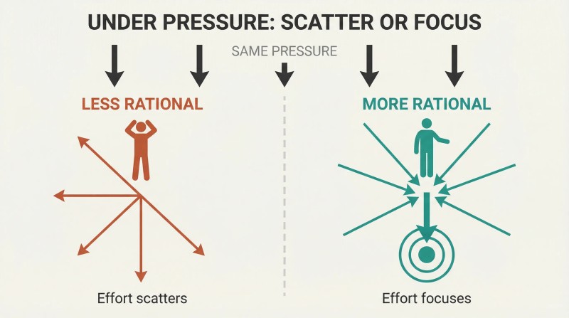 Split panel showing same crisis pressure producing scattered arrows from a panicked figure on the left versus converging arrows hitting a target from a focused figure on the right.