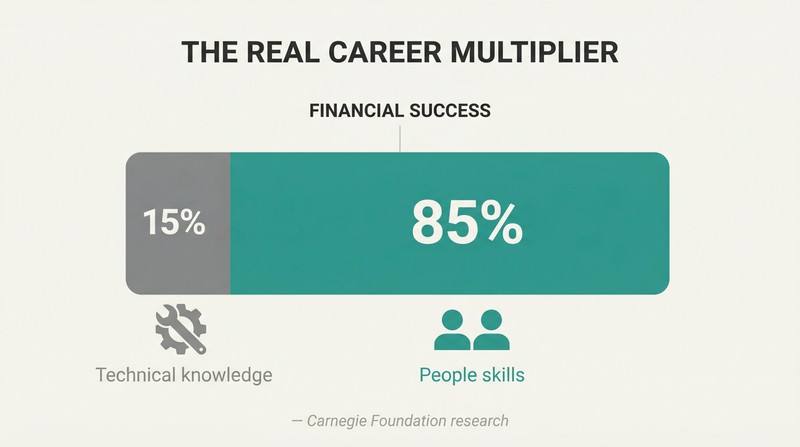 Proportion bar showing technical knowledge as a narrow 15% sliver versus people skills as a dominant 85% block of financial success.