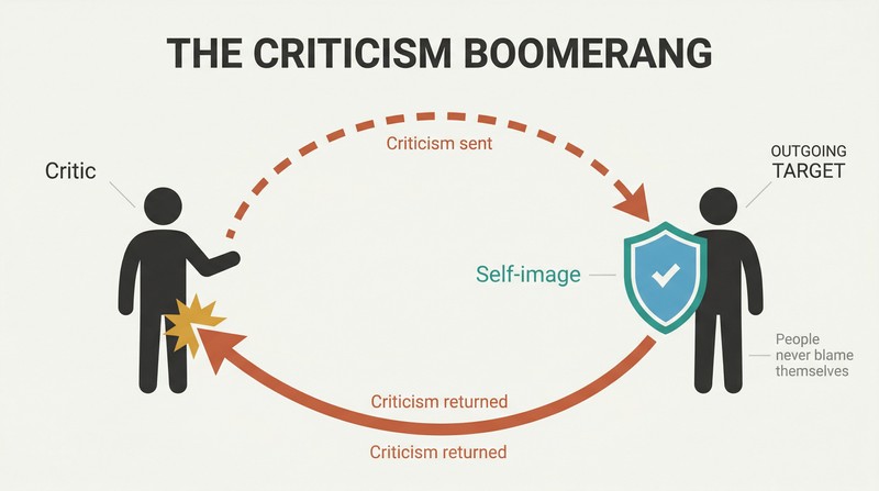 A curved arrow of criticism leaves a figure, bounces off a shield labeled self-image on a second figure, and arcs back to strike the sender.