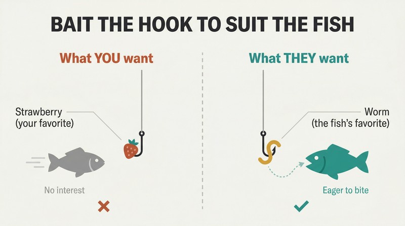 Split panel comparing a strawberry-baited hook with fish swimming away versus a worm-baited hook with fish eagerly biting.