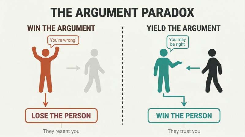 Split panel comparing two approaches: winning an argument drives the other person away, while yielding the argument wins the person over.