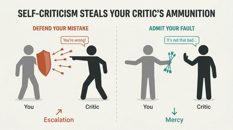 Split panel comparing two responses to being caught at fault: defending yourself causes the critic to attack harder, while admitting fault causes the critic to defend you instead.