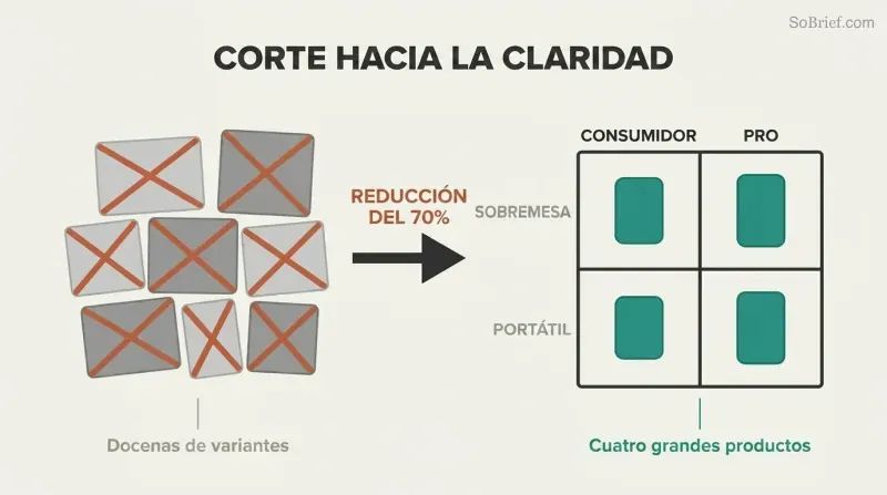 Cluster of crossed-out product boxes on the left transforms via a bold arrow into a clean two-by-two grid with four focused products on the right.