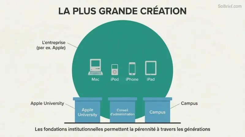Large teal circle labeled 'The Company' encloses four tiny product silhouettes, resting on three institutional foundation pillars that enable endurance across generations.