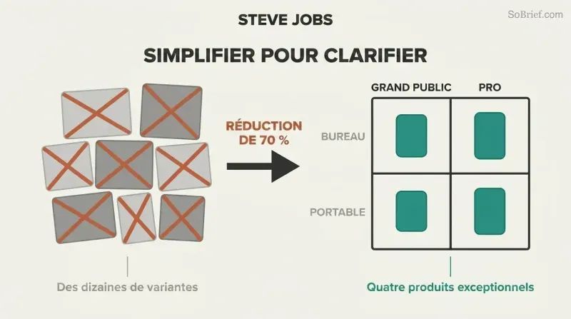 Cluster of crossed-out product boxes on the left transforms via a bold arrow into a clean two-by-two grid with four focused products on the right.
