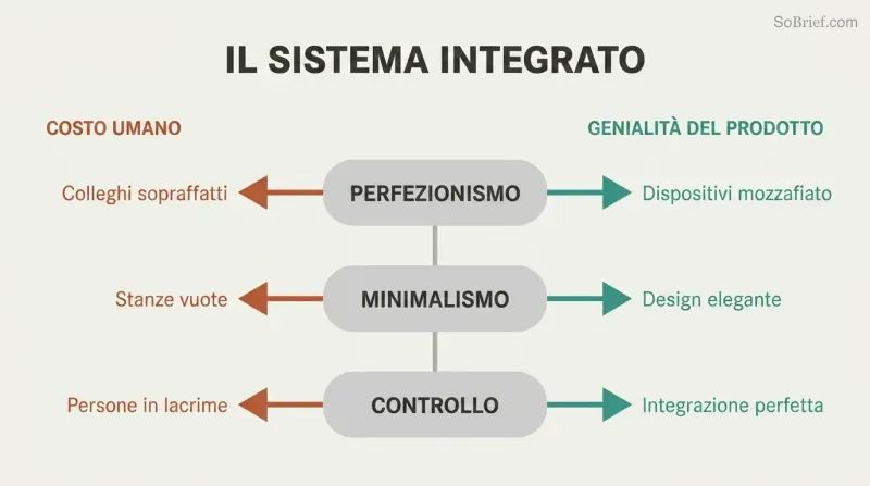 Three personality traits stacked in a central spine each send arrows left toward human costs in terracotta and right toward product outcomes in teal, showing inseparable dual outputs from the same source.
