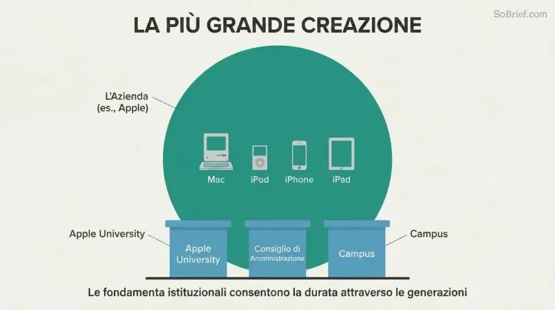 Large teal circle labeled 'The Company' encloses four tiny product silhouettes, resting on three institutional foundation pillars that enable endurance across generations.