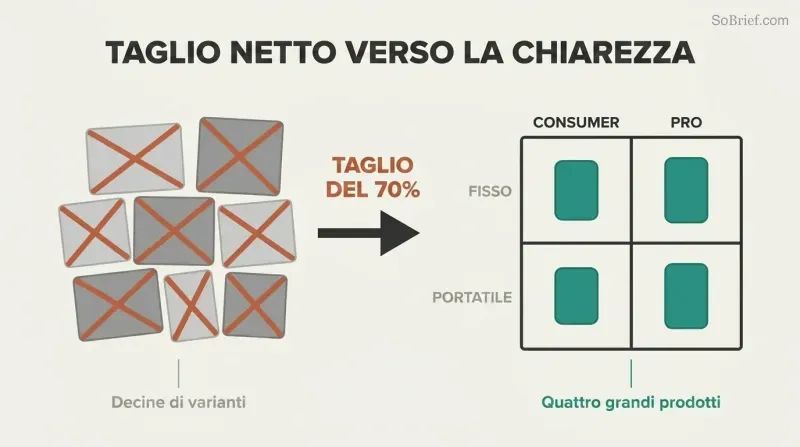 Cluster of crossed-out product boxes on the left transforms via a bold arrow into a clean two-by-two grid with four focused products on the right.