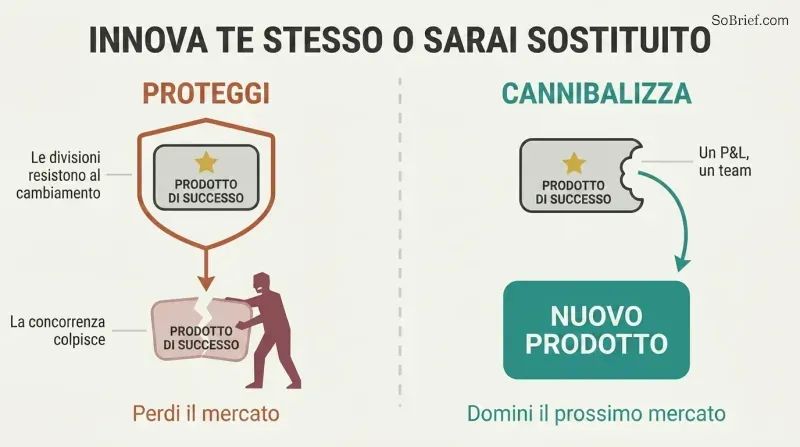 Split panel comparing two strategies: protecting a product lets a competitor take the market, while cannibalizing your own product keeps you in control.