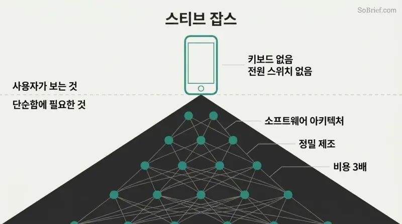 Geometric iceberg with a clean device silhouette above a waterline and a vast dark triangle of interconnected engineering nodes expanding below it.