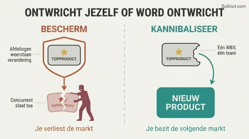 Split panel comparing two strategies: protecting a product lets a competitor take the market, while cannibalizing your own product keeps you in control.
