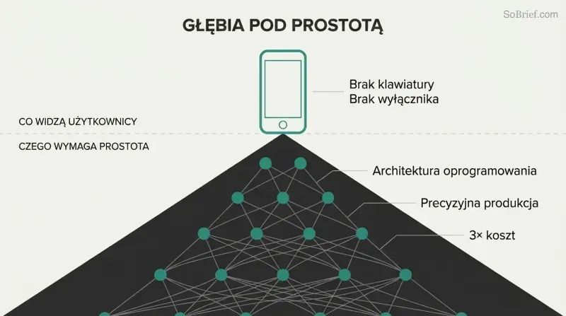 Geometric iceberg with a clean device silhouette above a waterline and a vast dark triangle of interconnected engineering nodes expanding below it.