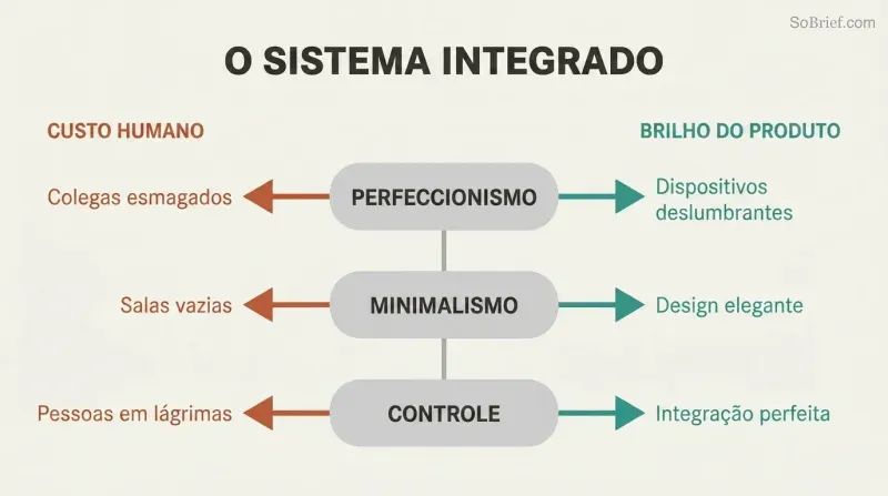 Three personality traits stacked in a central spine each send arrows left toward human costs in terracotta and right toward product outcomes in teal, showing inseparable dual outputs from the same source.