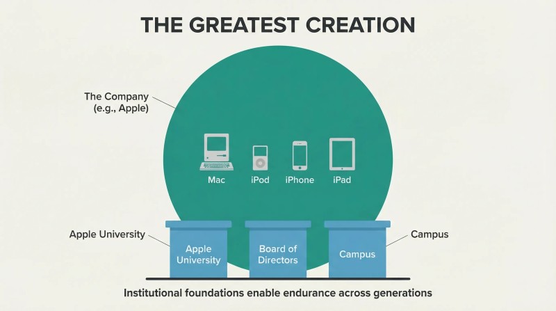 Large teal circle labeled 'The Company' encloses four tiny product silhouettes, resting on three institutional foundation pillars that enable endurance across generations.