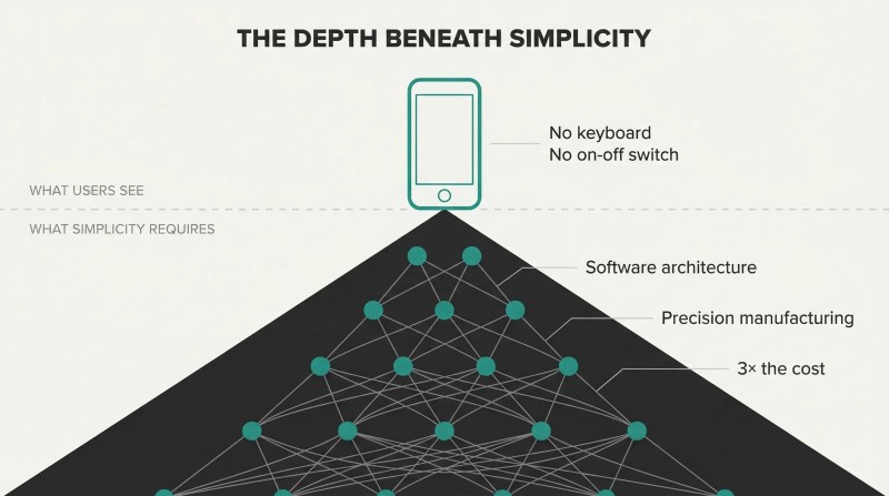 Geometric iceberg with a clean device silhouette above a waterline and a vast dark triangle of interconnected engineering nodes expanding below it.