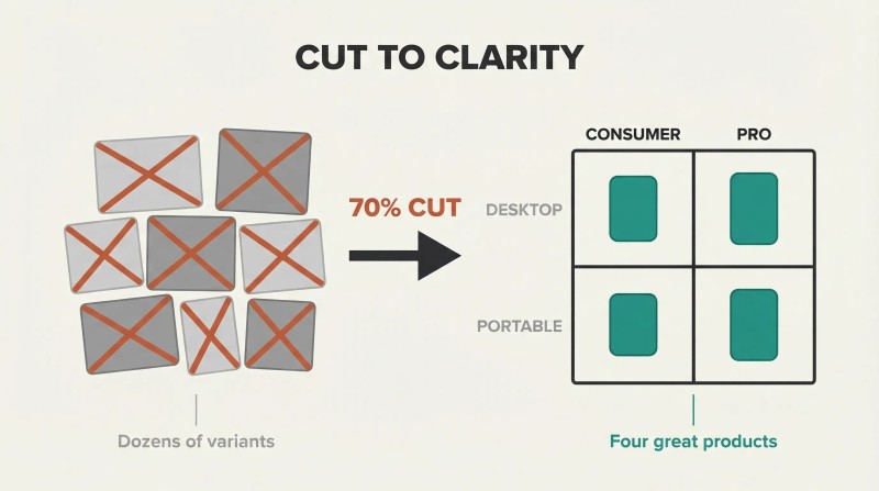 Cluster of crossed-out product boxes on the left transforms via a bold arrow into a clean two-by-two grid with four focused products on the right.