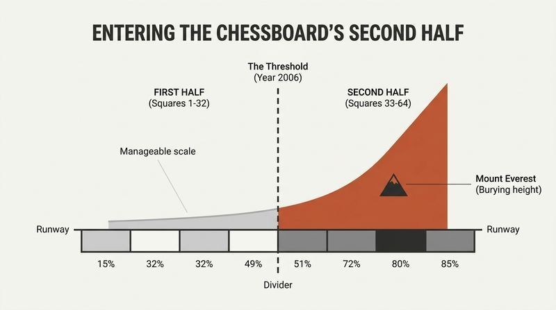 Split timeline chart showing the exponential growth of computing, where the manageable first half of the chessboard transitions at the year 2006 into a vertically explosive second half that completely dwarfs Mount Everest.