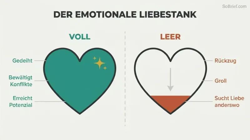 Two heart-shaped love tanks contrasted — one full with thriving outcomes, one nearly empty with withdrawal and resentment.