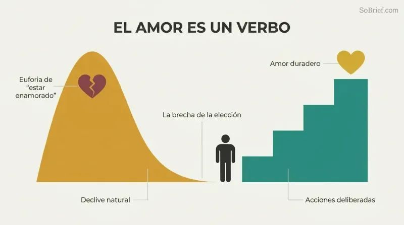 Smooth amber hill declining leftward represents fading euphoria, while an ascending teal staircase of deliberate actions rises rightward toward a gold heart symbolizing lasting love.