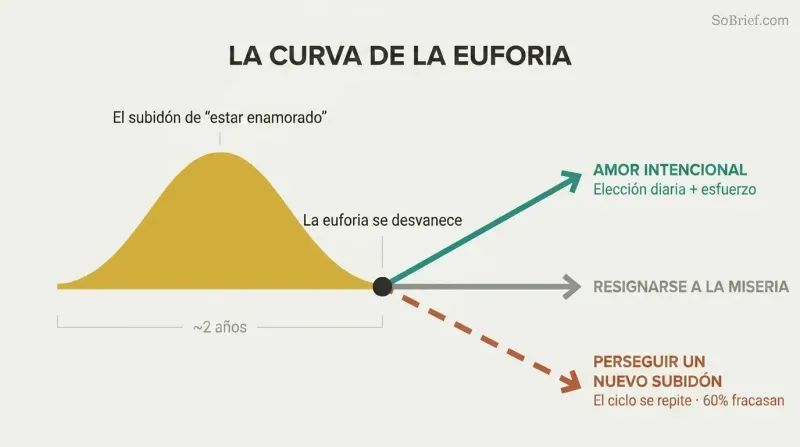 Gold arc of euphoria peaks then fades, splitting into three diverging paths: intentional love, resignation, or repeating the cycle.