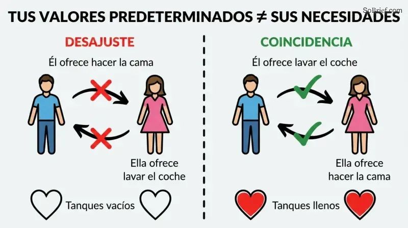 Split panel comparing two spouses exchanging wrong default chores on the left versus exchanging specifically requested chores on the right.