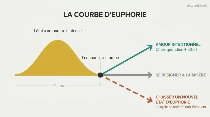 Gold arc of euphoria peaks then fades, splitting into three diverging paths: intentional love, resignation, or repeating the cycle.